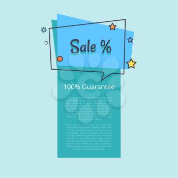 100 guarantee sale banner in square speech bubble with blue background and color stars vector isolated on blue. Poster with percent sign and text