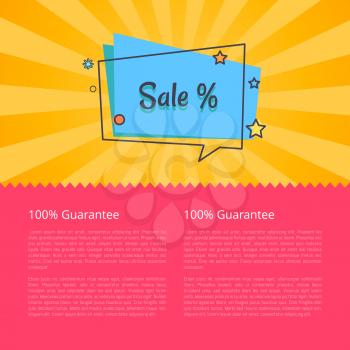 100 guarantee sale banner in speech bubble with color background with stars vector isolated on yellow and pink. Poster with percent sign and text