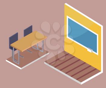 School desk side view and blackboard with piece of chalk 3D isometric design vector illustrations. Pieces of furniture in classroom, table and chairs