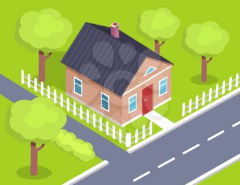 Cottage two storey house side view with fence near road, countryside building isometric vector illustration with green trees and garden