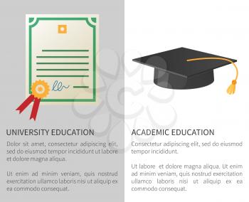 University academic education poster with licence with golden stamp and square hat with tassel isolated vector illustrations with text