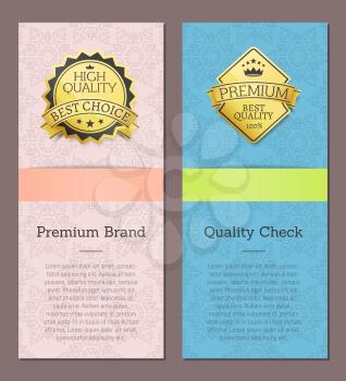 Premium brand high quality check award logo design of golden labels with place for text isolated on blue and pink background with place for text