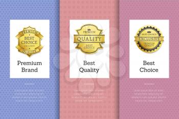 Premium brand best quality choice golden labels set of logos design on colorful posters with text vector illustrations collection with stamps of gold
