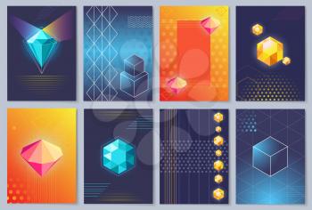 3D wallpapers with colorful three-dimensional cubes or shiny diamonds. Vector illustration contains set of eight pictures with polygons and strict patterns