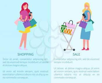 Shopping and sale set of two posters depicting satisfied woman with bags and smiling lady with cart and bought things vector illustration