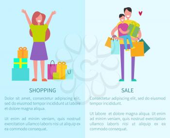 Shopping and sale set of two poster with images of happy woman with raised hands and father holding his son and bags vector illustration