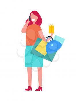 Happy shopping woman talking on phone and standing with bags in her left hand represented on vector illustration isolated on white