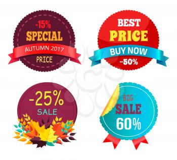 Best sale 2017 autumn discount buy now hot price promo posters with percent signs, round advertisement labels with foliage vector isolated on white
