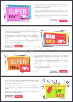 Super price -20 , big and best sale, collection of internet pages with text sample, titles in squares and buttons on vector illustration web banners
