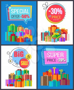 Super sale special offer best prices discounts on colorful labels with percent signs, round and square stickers on posters with mountains of gifts set