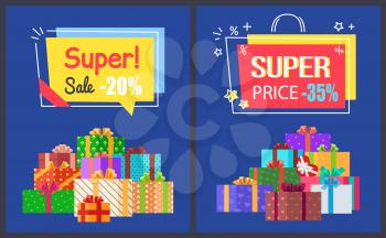 Super sale best prices discounts -20 off, premium offer labels in shape of shopping bag with percent signs, gift boxes in color wrappings vector set