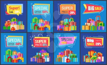 Big sale super special price on set of eight posters on blue background. Vector illustration with discount clearance and decorative presents in boxes