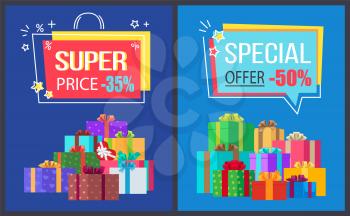 Super price special offer discounts -30 , -50 off, premium labels in shape of shopping bag with percent signs, gift boxes in color wrappings vector set