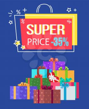 Super price special offer discount -35 off, premium label in shape of shopping bag with percent sign, mountain of gift boxes in color wrappings vector