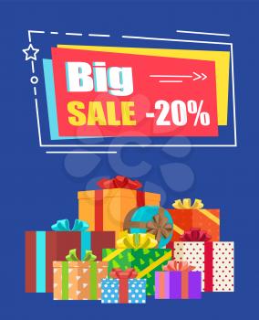 Big sale -20 off sign surrounded by frame decorated with doodles and drawn star. Vector illustration with discount clearance and surprise presents