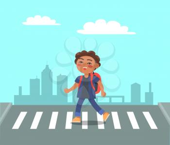 Smiling boy at crosswalk on urban city background. Schoolboy with backpack on pedestrian hurry to school. Right way to pass the street