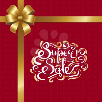 Super sale inscription with golden curved elements vector information about discounts with ribbon on top on burgundy ornamental background