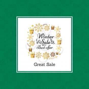 Winter great sale, title written in circle with snowflakes and presents represented on vector illustration isolated on green background