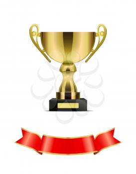 Gold trophy cup with red ribbon vector decoration icon. Shiny goblet with curly handles on pedestal, with glossy shaped and scroll string at bottom
