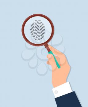Human hand holds magnifying glass and investigate fingerprint vector isolated on white. Criminalistics concept illustration, instrument for investigation