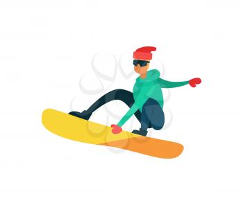 Man snowboarding winter sport activity isolated on white. Vector illustration of snowboarder, extreme skiing male jumping on board at high speed