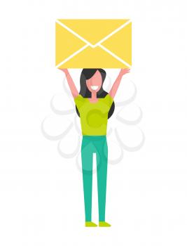Woman holding big yellow envelope above head vector poster. Cartoon female promote mailing, big message in hands, post office worker isolated on white