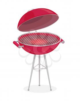 Round grill for barbecue vector badge in cartoon style. Picnic equipment with grille, cover and handles on tripod icon, ready to use, isolated poster