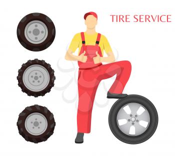 Tire service poster with man vector. Isolated icons of rubber car wheels and workman in uniform wearing cap and showing thumbs up. Repairing male