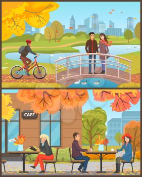 Cafe with customers sitting outside set vector. Couple drinking hot tea or coffee, woman and menu. Cyclist with helmet riding bicycle, bridge and lake