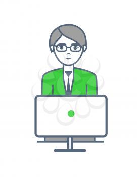 Male smart worker working by laptop isolated vector. Human wearing glasses and looking at screen of computer monitor. Job at office, man occupation