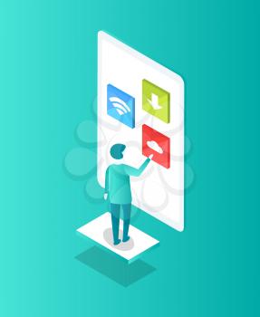 Man and big touchscreen with wifi connection, download arrow and cloud. Isolated isometric icon 3d. Male with modern technologies interaction vector