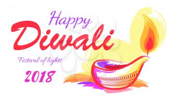 Happy Diwali 2018 festival of lights banner decorated with luminous candle lamp with orange frame. Vector illustration of indian poster on white
