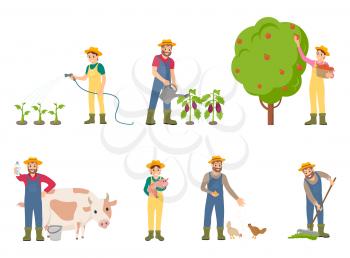 Farmer people with pig and cow vector. Isolated icons of farmers on land watering plants and spraying with chemical liquid. Feeding animals livestock
