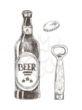 Beer and bottle opener with cap isolated on white vector illustration, graphic image made by pencil, concept of glassy flask for alcohol drink storage