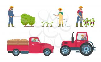 Tractor and lorry with load transporting vehicle. Man with sprayer and woman with watering hose by plantation of vegetables. Aubergine care vector
