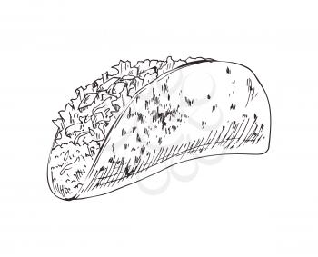 Taco burrito monochrome sketch outline. Mexican take away product, fast food meal isolated on white. Wrapped stuffing in bread vector illustration