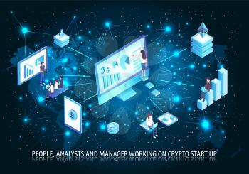 People and analyst working on start up poster with text vector. Screens and monitors with charts and diagrams. Digital era of communication bitcoin