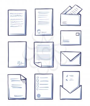 Office paper and messages in envelopes vector. Monochrome sketches outline icons set, pages with signatures and stamps containing information and data