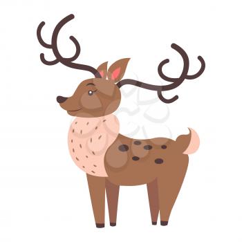 Cute funny horned fallow reindeer vector flat cartoon sticker isolated on white. Herbivorous animal illustration for game counters, price tags