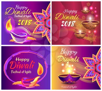 Happy Diwali festival of light 2018 set of posters with traditional patterns, mandalas and illuminated candles. Vector illustration with colorful banners