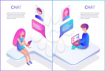 Chat male and female posters set with text sample vector. Person people spending time in chatting room speaking to each other. Girl and boy online