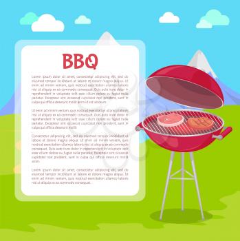 BBQ poster with text and nature vector. Grilling grid with roasting meat beefsteaks and pork slices. Mountains grass and clear air barbeque picnic
