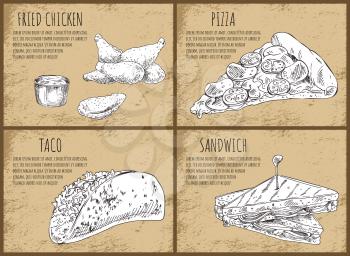 Fast food banners with monochrome sketches set. Fried chicken, bowl of sauce, pizza slice, Mexican taco and healthy sandwich vector illustrations.