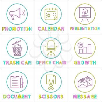 Promotion and calendar presentation on whiteboard and trash can set of icons in circle. Document and office chair massage and scissors growth vector