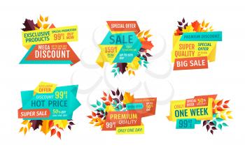 Seasonal autumn sale and discount emblems set. Price off or reduction logos with leaves, special fall offer stickers vector illustrations isolated.