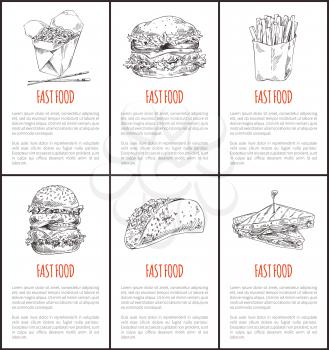 Fast food noodles poster with text sample set. Sandwich with meat and salad Mexican taco and sandwich with roasted bread. Take away meal dish vector
