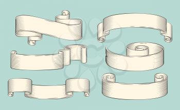 Hand drawn sketch set of decorative ribbon vector icon. Monochrome shaped stripes, curly and scroll, horizontal rolled strings, lineart outline style