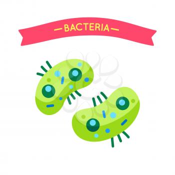 Bacteria with short feelers or legs and multicolored round patches isolated. Vector cartoon bean shape microbe poster with inscription on flat tape.