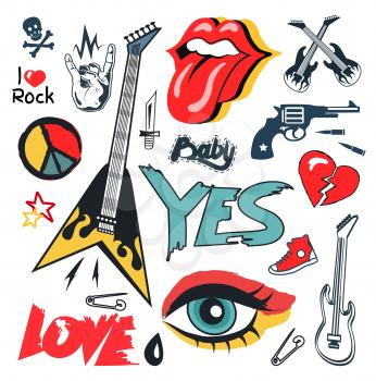 Rock and punk culture icons set. Electric guitar and devil horn gesture, open mouth with tongue, makeup eye colorful illustration isolated on white.