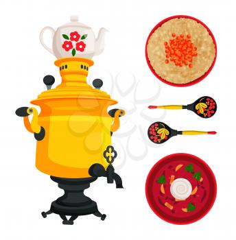 Samovar and borshch dish served with sour cream in wooden bowl with decorative spoons set. Russian items souvenirs and meals, vector illustration